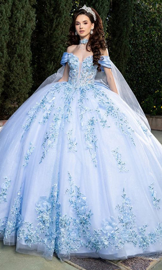 May Queen LK305 - Embroidered Cape Prom Ballgown