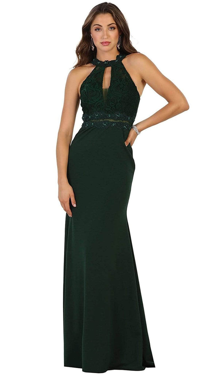 May Queen MQ1506 - Floral Lace Halter Evening Dress Bridesmaid Dresses 10 / Hunter-Green