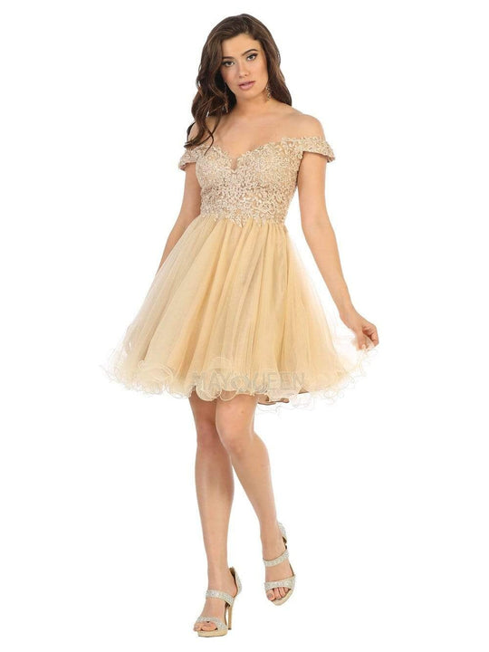 May Queen - MQ1663 Off Shoulder Sheer Lace Bodice Tulle Cocktail Dress