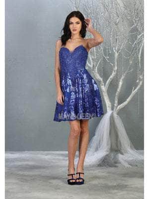 May Queen - MQ1691 Sequin Embellished Strapless Cocktail Dress Cocktail Dresses 2 / Royal