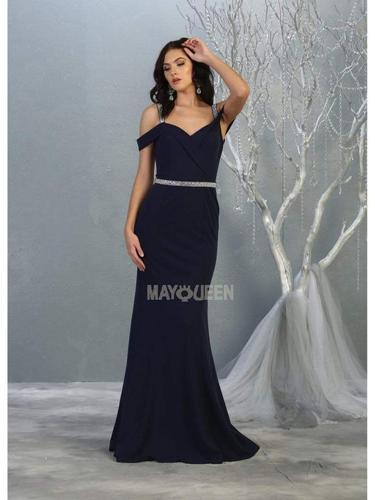 May Queen - MQ1765 Embellished Off-Shoulder Sheath Dress