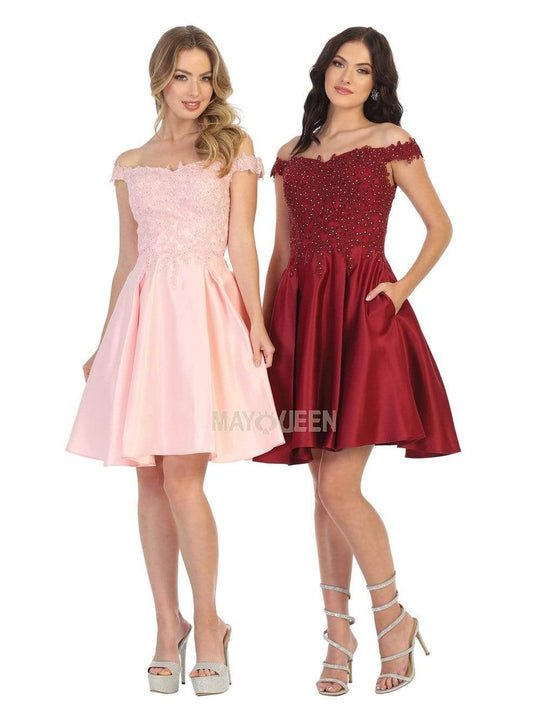May Queen - MQ1766 Off Shoulder Beaded Lace Satin Cocktail Dress
