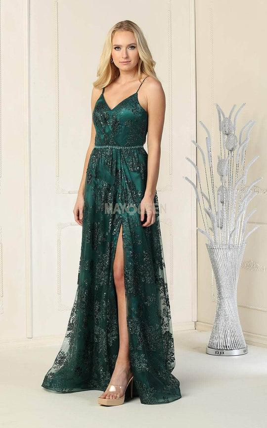 May Queen - MQ1787 Embellished V-neck A-line Gown With Slit