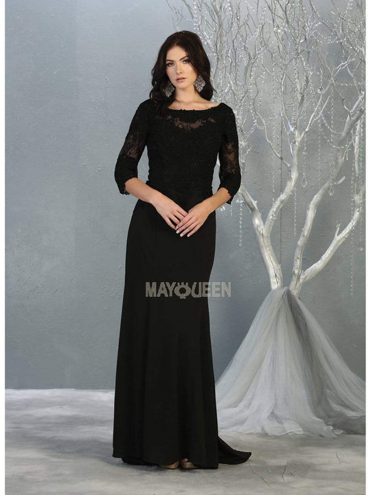 May Queen - MQ1810 Sheer Quarter Sleeve Appliqued Trumpet Dress