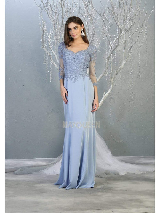 May Queen - MQ1811 Appliqued Quarter Sleeve Scoop Bodice Dress