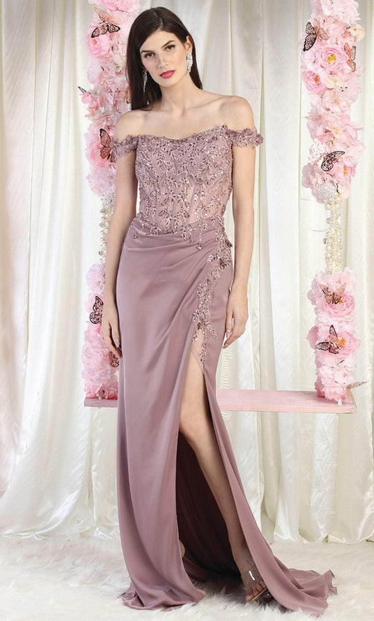 May Queen MQ1962 - Off Shoulder Slit Evening Dress