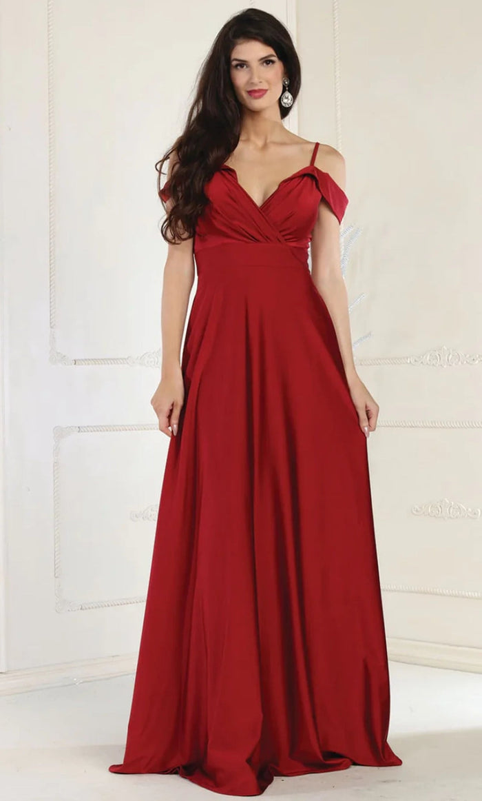 May Queen MQ1988 - Cold-Shoulder V-Neck Prom Dress Special Occasion Dress 4 / Burgundy
