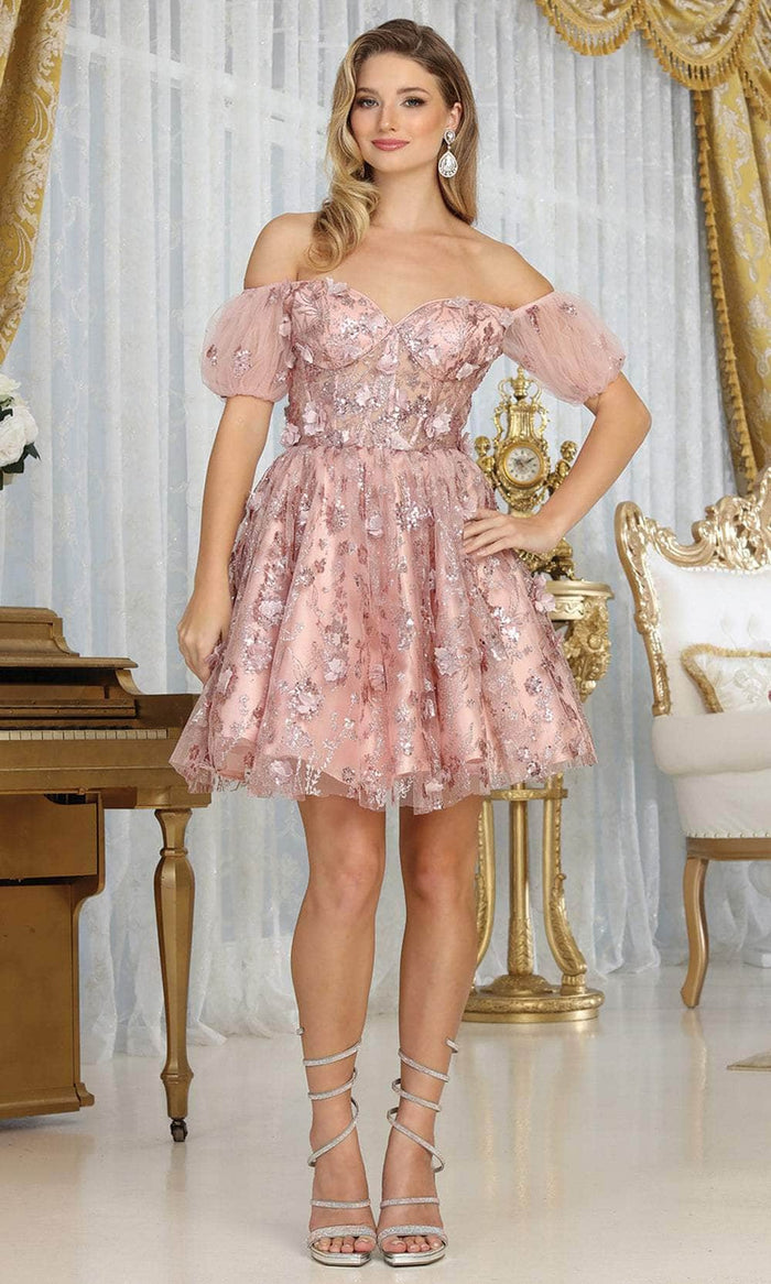 pink off shoulder puff sleeve dress May Queen MQ2040 Color:Set1 Sydney Sweeney Channels Lizzie Perfect for a birthday Silk dress