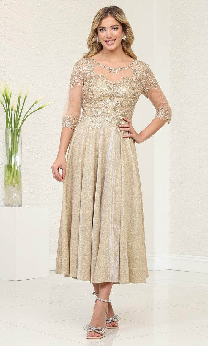 May Queen MQ2057 - Illusion Scoop Tea Length Prom Dress Mother of the Bride Dresses M / Gold