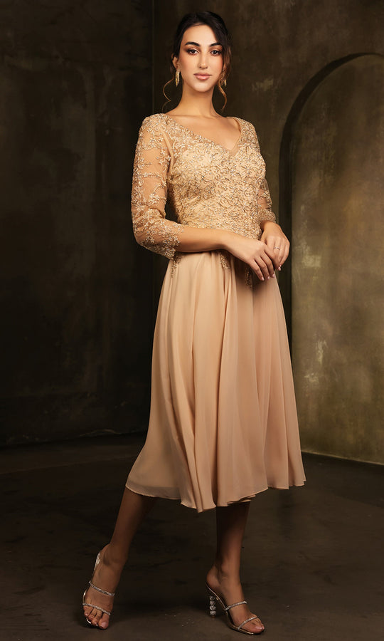 May Queen MQ2108 - Tea-Length Illusion V-Neck Dress