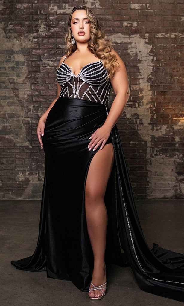 May Queen MQ2113 - Long Sheath Dress - Embellished, Fitted, Spaghetti Straps, Sleeveless, High Slit, Scoop Back, Back Zipper, Floor Length 4 / Black - May Queen MQ2113 - Long Sheath Dress - Embellished, Fitted, Spaghetti Straps, Sleeveless, High Slit, Scoop Back, Back Zipper, Floor Length 4 / Black -