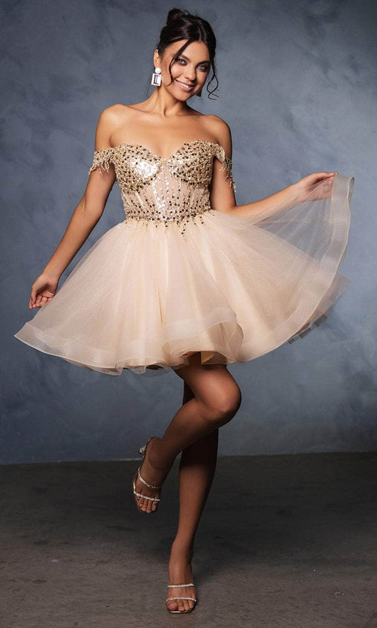 May Queen MQ2129 - Fringe Off-Shoulder Cocktail Dress