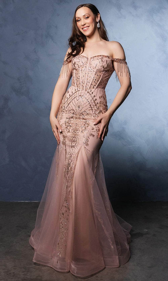 May Queen MQ2136 - Rhinestone-Embellished Off-Shoulder Prom Gown