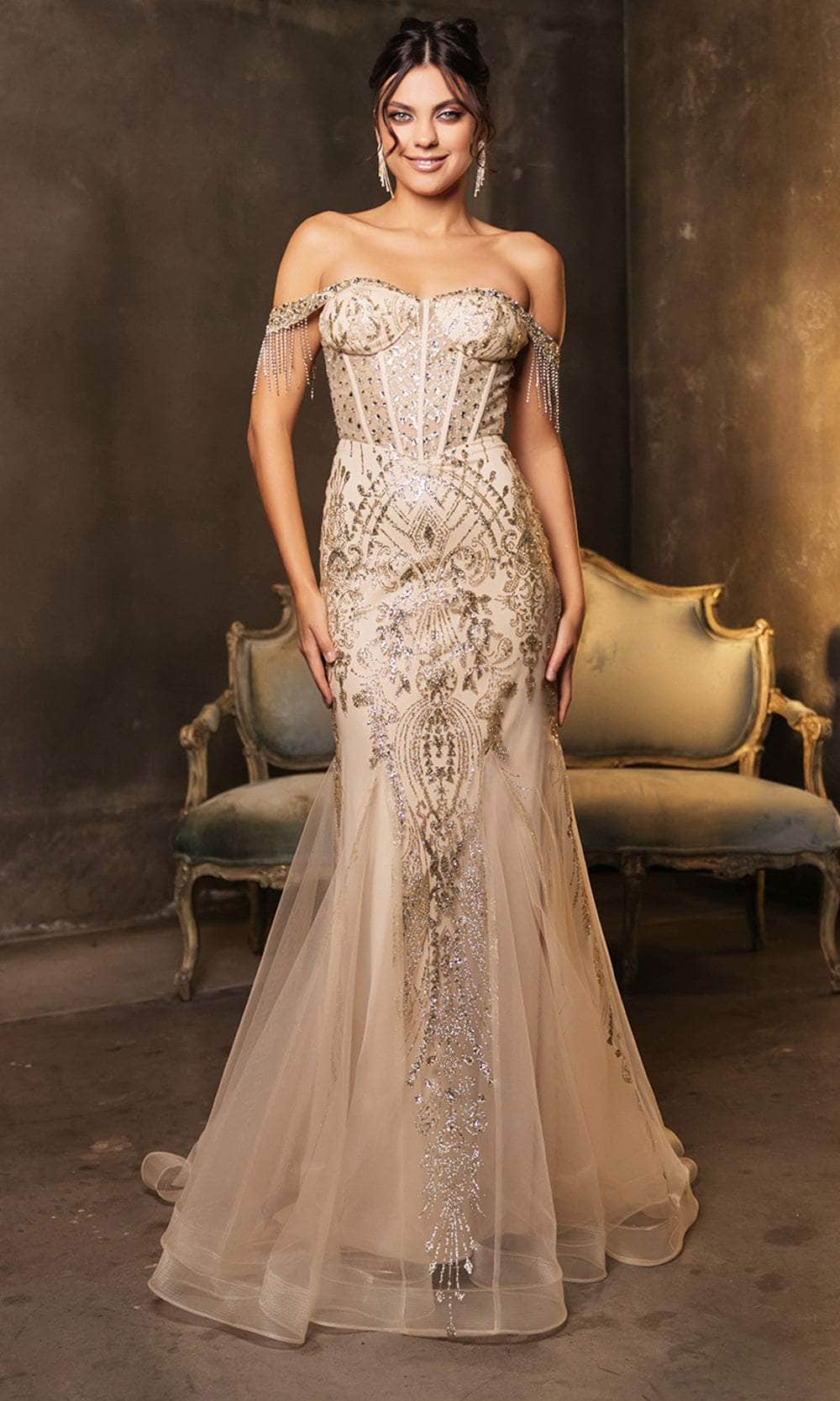 Gold Off The Shoulder Prom Dress Dancing Queen 4253 - Embellished Off-Shoulder Prom Dress Xs / Champagne Gold Off The Shoulder Prom Dress Dancing Queen 4253 - Embellished Off-Shoulder Prom Dress Xs / Champagne