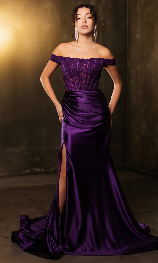 May Queen MQ2146B - Embellished Off Shoulder Satin Gown