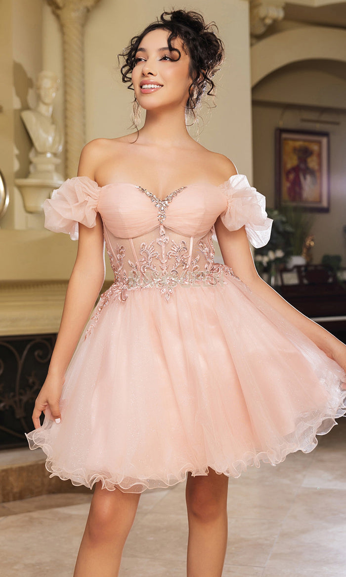 a line corset mini dress May Queen MQ2164 - Short Tulle A-line Swatch:#cad6d9 2000s Dress To Impress SIZE:M Satin Fabric Color