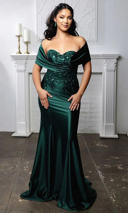 May Queen MQ2174 - Off Shoulder Applique Sheath Formal Gown