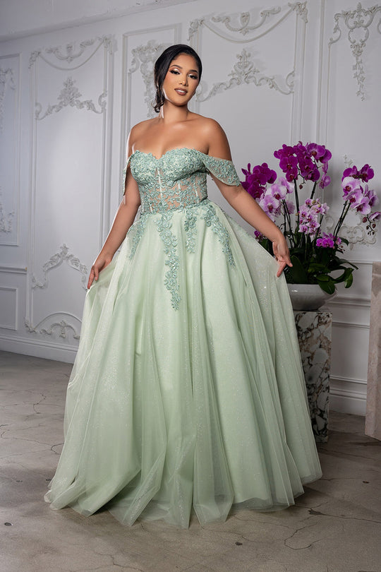 May Queen MQ2176 - Off Shoulder Floral Embroidered Gown