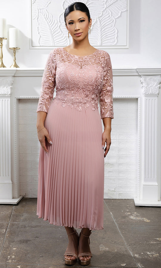 May Queen MQ2189 - Lace Bodice Pleated Tea-Length Dress