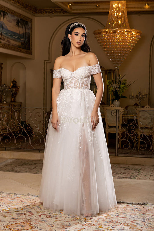 May Queen MQ2200 - Floral Applique Off Shoulder Corset Gown