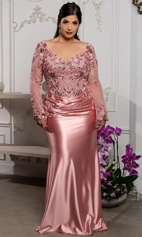May Queen MQ2204 - Beaded Long Sleeve Sheath Formal Gown