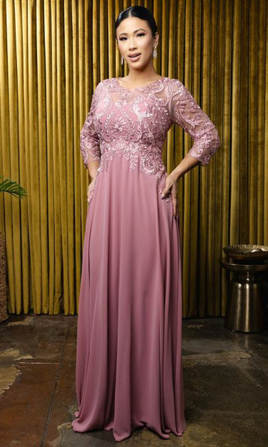 May Queen MQ2210 - Three-Quarter Sleeve Embroidered Formal Gown