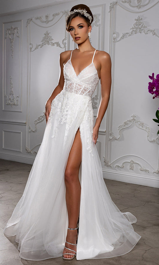 May Queen MQ2220 - V-Neckline Embroidered Applique Prom Gown