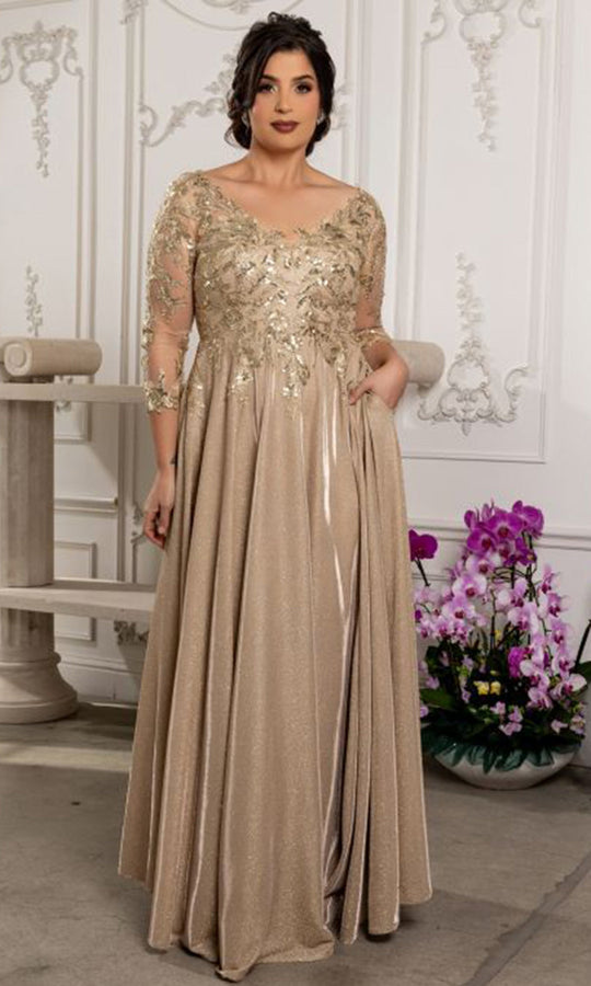 May Queen MQ2226 - Embroidered Applique Three-Quarter Sleeve Gown