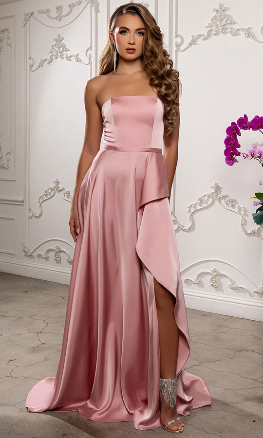 May Queen MQ2228 - Strapless Peplum Overlay Long Gown