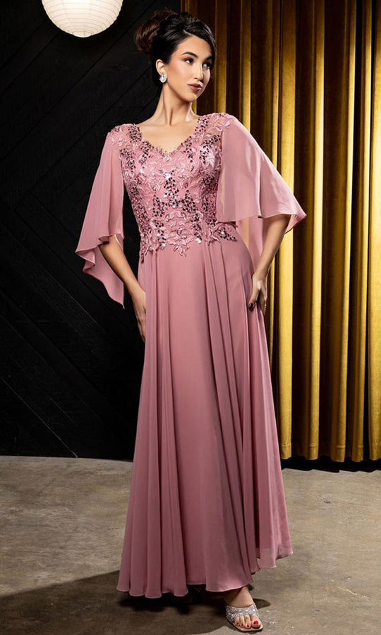 May Queen MQ2233 - Embroidered Cape Sleeve Formal Gown