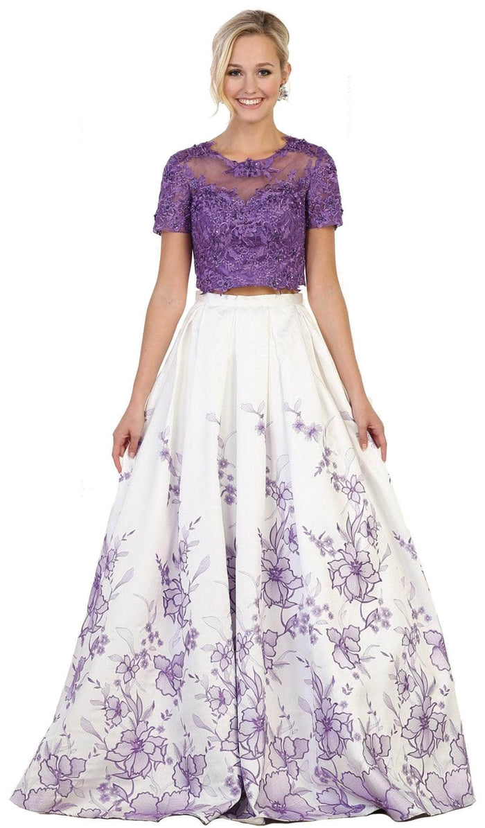 May Queen RQ7535 - Two Piece Floral Evening Gown Special Occasion Dress 4 / Purple