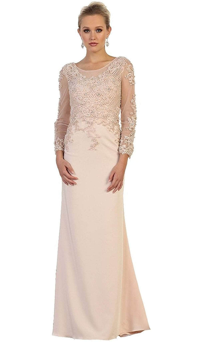 May Queen RQ7594 - Illusion Long Sleeve Formal Gown Mother of the Bride Dresses L / Blush