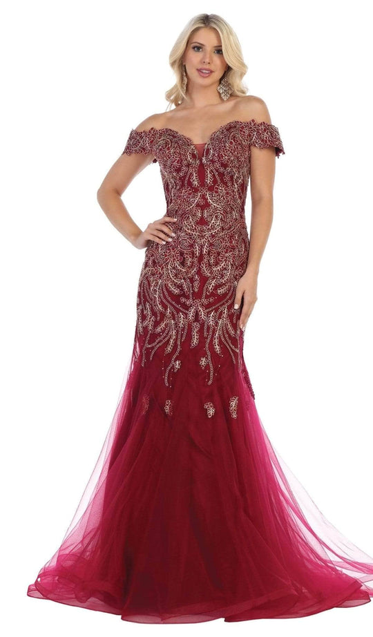 May Queen RQ7705 - Off Shoulder Trumpet Evening Gown Evening Dresses 12 / Mauve