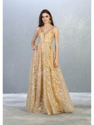 May Queen - RQ7769 Embellished Deep V-neck Pleated Ballgown Ball Gowns 2 / Gold