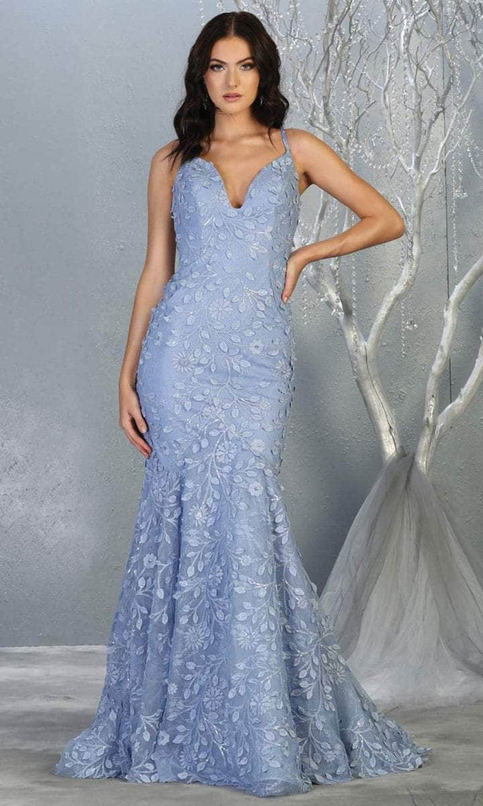 May Queen - RQ7811 Embroidered Deep V-neck Trumpet Dress Wedding Dresses 4 / D-Blue/Nude