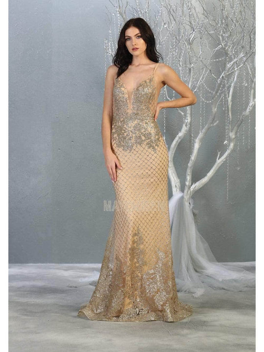 May Queen RQ7845 - Plunging V-Neck Glitter Evening Dress Evening Dresses 6 / Gold
