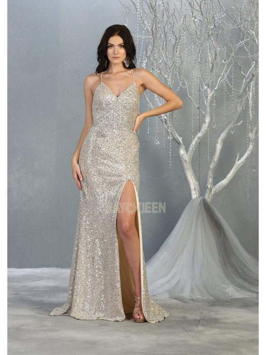 May Queen - RQ7852 Sequin Embellished Deep V-Neck Dress with Slit