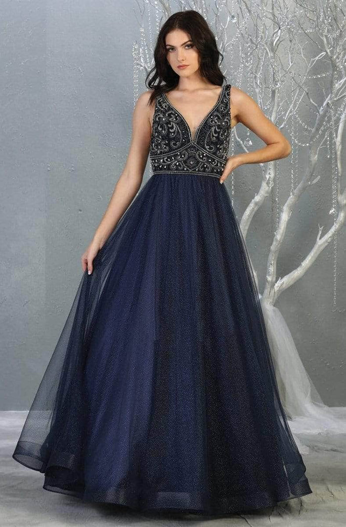 May Queen RQ7860 - Embellished A-line Prom Dress Prom Dresses 14 / Navy