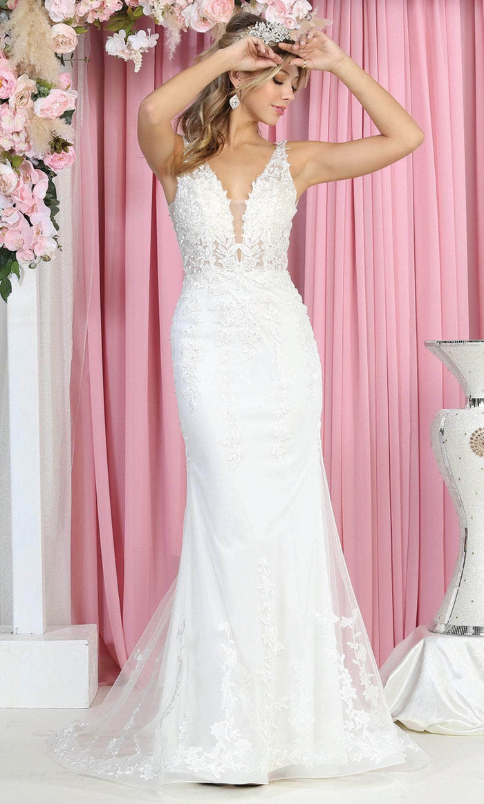 May Queen RQ7889 - V Neck and Back Bridal Dress Special Occasion Dress 4 / Ivory