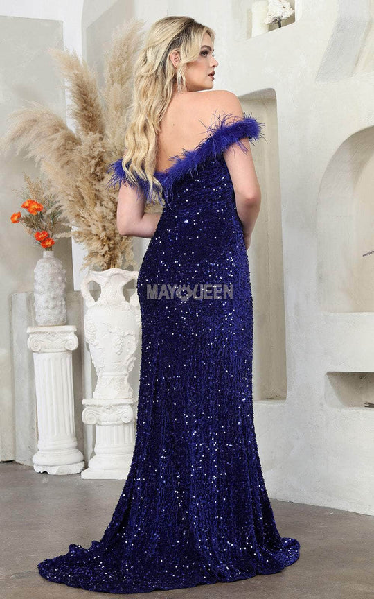 May Queen RQ7992 - Feathered Off Shoulder Prom Gown
