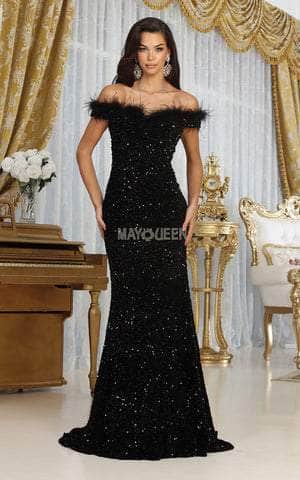 May Queen RQ7992 - Feathered Off Shoulder Prom Gown Prom Dresses 4 / Black