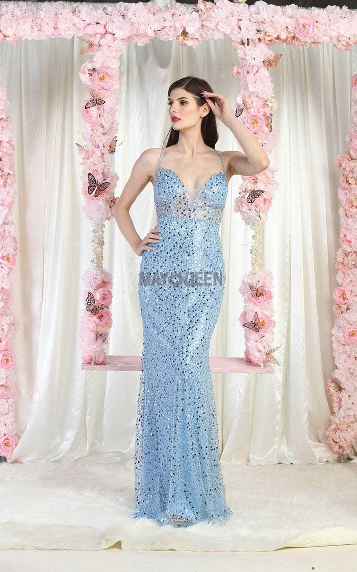 May Queen RQ7993 - Spaghetti-Strapped Column Sexy Dress Prom Dresses 4 / Dustyblue