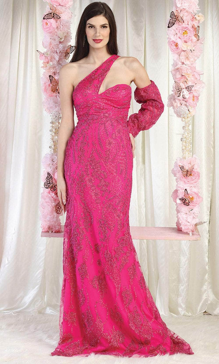 May Queen RQ7997 - Asymmetrical Embellished Gown Evening Dresses 4 / Fuchsia
