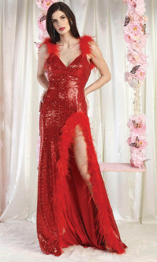 May Queen RQ8007 - Feather Strap Backless Evening Gown Couture Candy May Queen RQ8007 - Feather Strap Backless Evening Gown Couture Candy