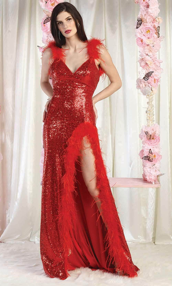 May Queen RQ8007 - Feather Strap Backless Evening Gown Evening Dresses