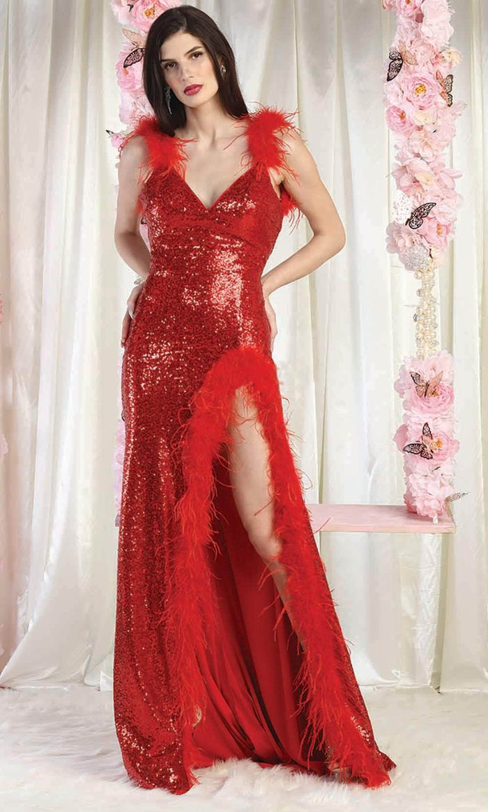 May Queen RQ8007 - Feather Strap Backless Evening Gown Couture Candy May Queen RQ8007 - Feather Strap Backless Evening Gown Couture Candy