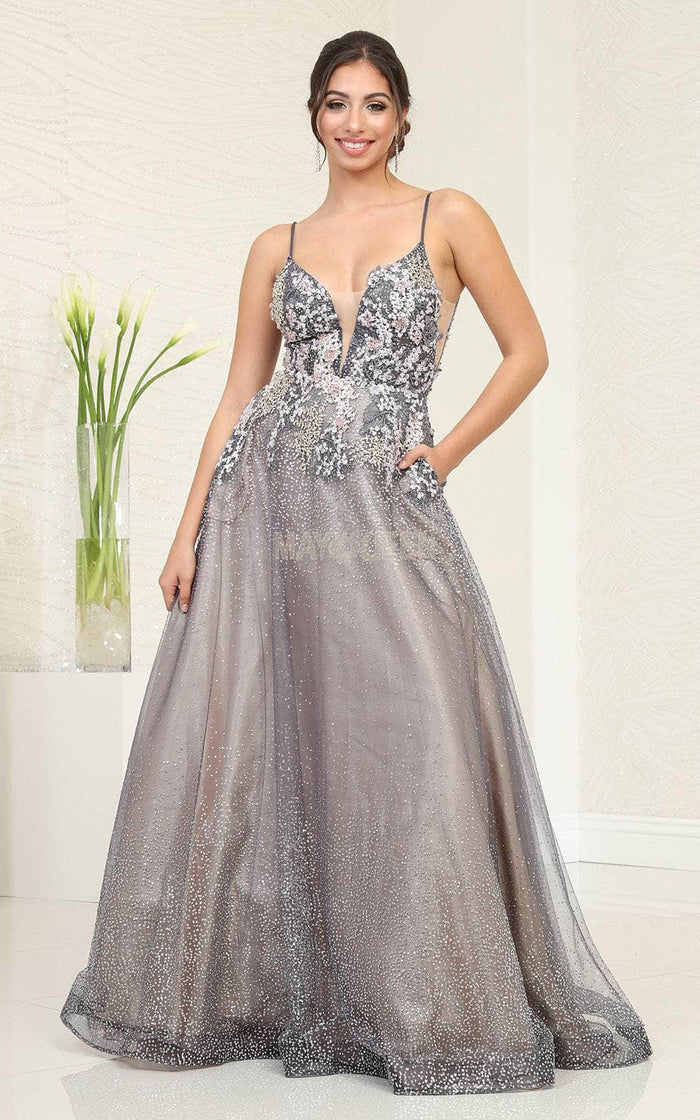 May Queen RQ8035 - Embellished Plunging V-Neck Prom Gown Evening Dresses 4 / Charcoal/Nude