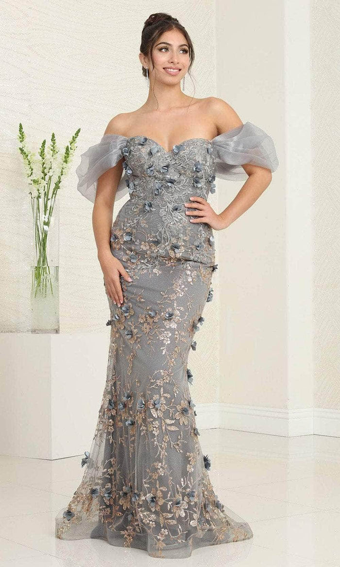 May Queen RQ8037 - Floral Applique Prom Gown Prom Dresses 4 / Charcoal/Gold