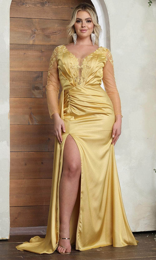 May Queen RQ8045 - Sheer Long Sleeve Ruched Prom Gown