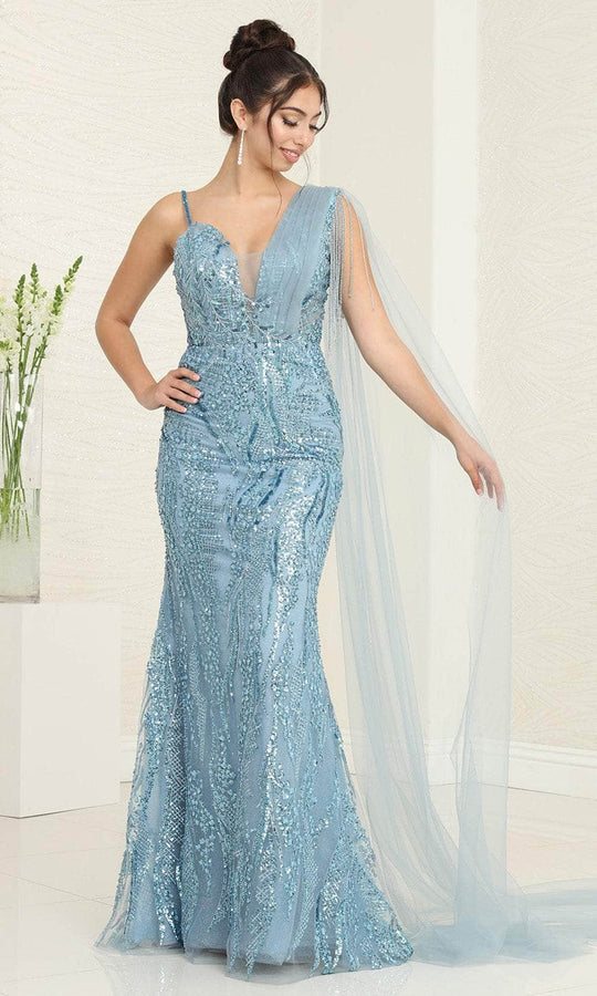 May Queen RQ8066 - Illusion Cape Beaded Prom Gown